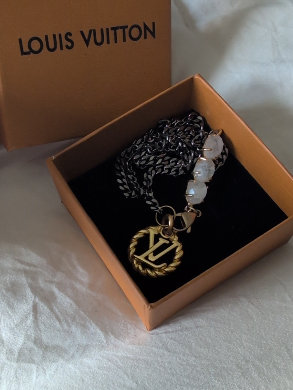 Louis Vuitton Gold On Black Rhodium Flat Curb Chain Necklace Moonstone Accents